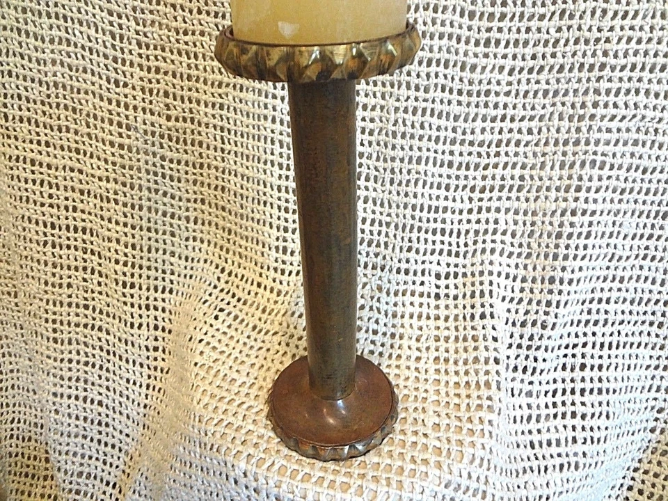Hand Made Crafted Solid Brass 10" Pillar Candle Stick Holder with Gold Accent  - Image 2 of 4
