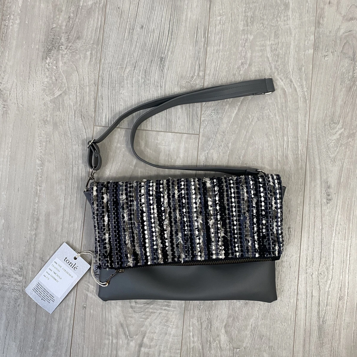 NWT Tonle Vegan Clutch Tweed Sol Foldover Clutch Shoulder Bag Gray