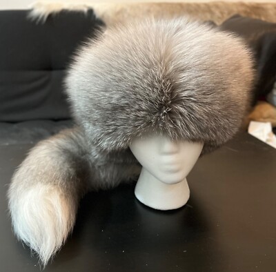 Sapphire Blue Frost Fox Fur Hat with Tail Silk Lining Davey Crockett