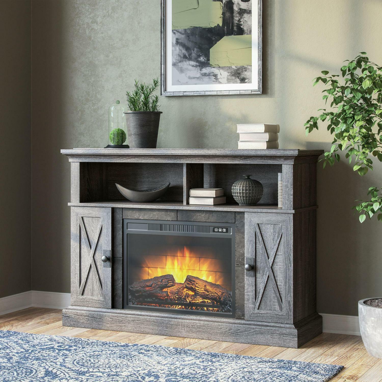 Fireplace TV Stand 58 in. Side Cabinet Open Shelves Media Console Storage Gray
