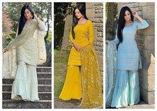 WOMEN BOLLYWOOD SHARARA SUIT DESIGNER PAKISTANI KURTI PALAZZO DUPATTA SET DRESS