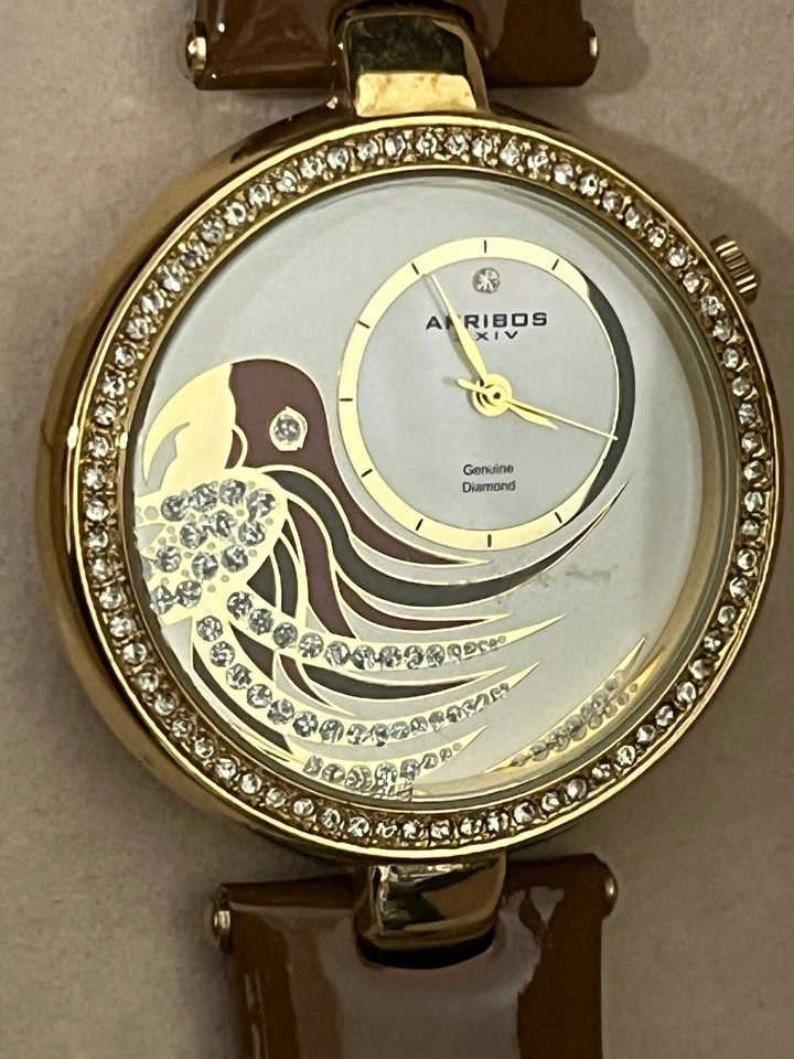 Reloj pulsera para mujer Akribos XXIV esfera loro correa de cuero con detalles de diamantes Foto 4 de 4