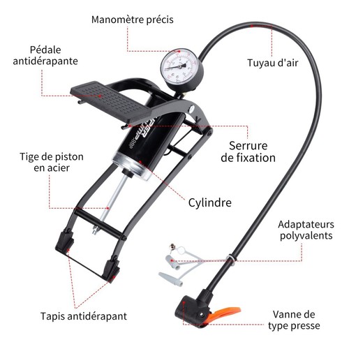 Pompe à Vélo 130 PSI Pompe à Pied + Manomètre Pompe Cylindre 3 Adaptateurs buses - Imagen 6 de 8