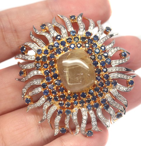 14 X 16 mm. Rutile-Quartz, White Zircon & Sapphire Brooch Silver 925 Sterling - Picture 2 of 5