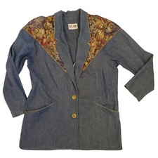 Vintage 80s 90s Denim Jean Western Studded Jacket Gold Floral Shoulders