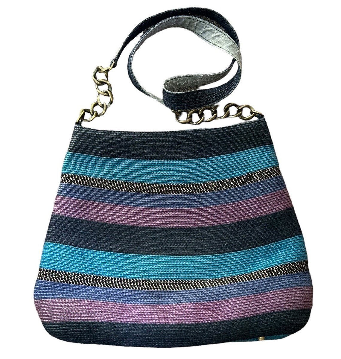 Eric Javits Squishee Purple Blue Stripe Woven Straw Shoulder