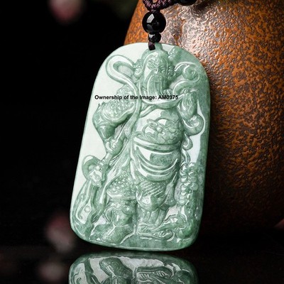 Natural Grade A Jadeite Green Jade GuanYu Pendant Chinese Hero Wealth God Amulet