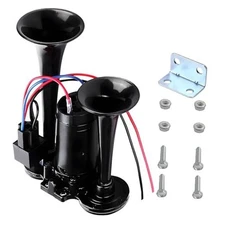 12V Car Air Horn, 120 DB Super Loud Dual Trumpets Electric Train Horn Kit Black