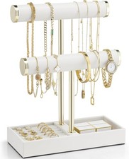 White Leather 2 Tier Bracelet Holder with Tray Jewelry Display Organizer