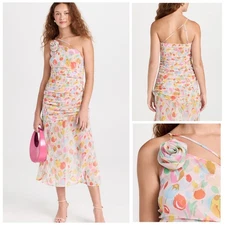 For Love & Lemons NWT Desmona One-Shoulder Tulip Floral Midi Dress Ruched XS