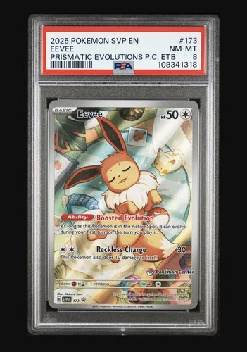 Eevee Prismatic Evolutions ETB Pokemon Center PSA 8 Pokemon English 173 Stamped