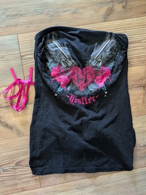 Hustler Ribbon Tie Back Sleeveless Tube Top Shirt Pink & Black Medium Y2K Biker