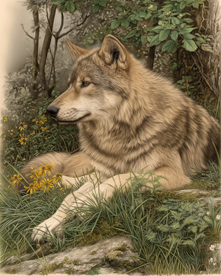 8x10 Wolf resting in meadow grass woodland edge realism - 874724576