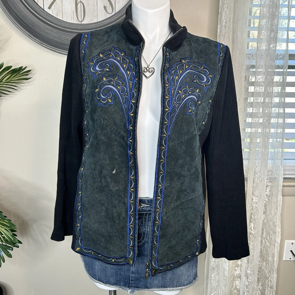 Chaqueta De Colección Bob Mackie Usable Arte Bordado Cuero Gamuza Para Mujer’s XL Foto 4 de 4