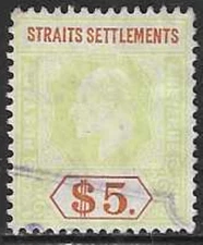Straits Settlements (Malaya-British) 1910  #128  USED, Fine,  King Edward $5.00