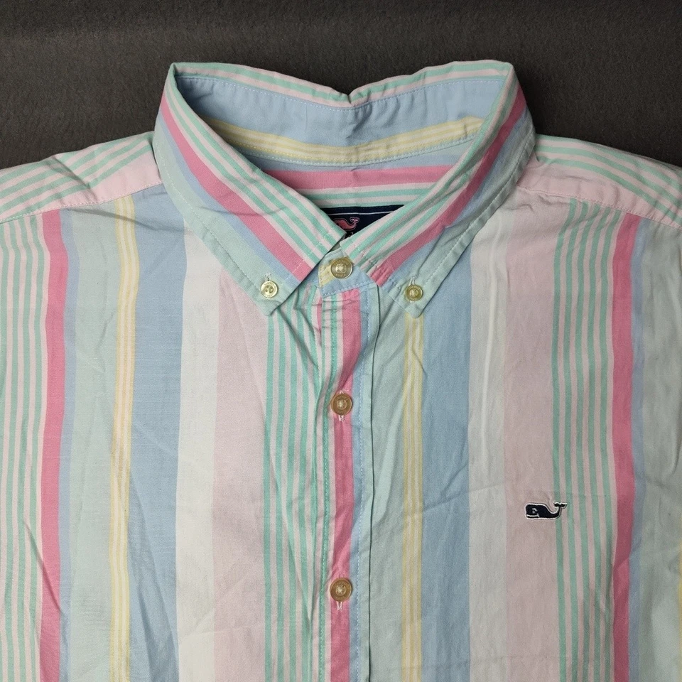 Camisa masculina Vineyard Vines XL listra pastel logotipo baleia botão para baixo manga curta - Imagem 4 de 4