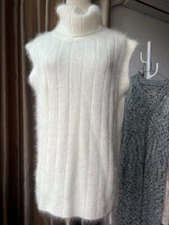 Angora Wool Sweater Blended Jumper Fuzzy Soft Turtleneck Side Slit Pullover