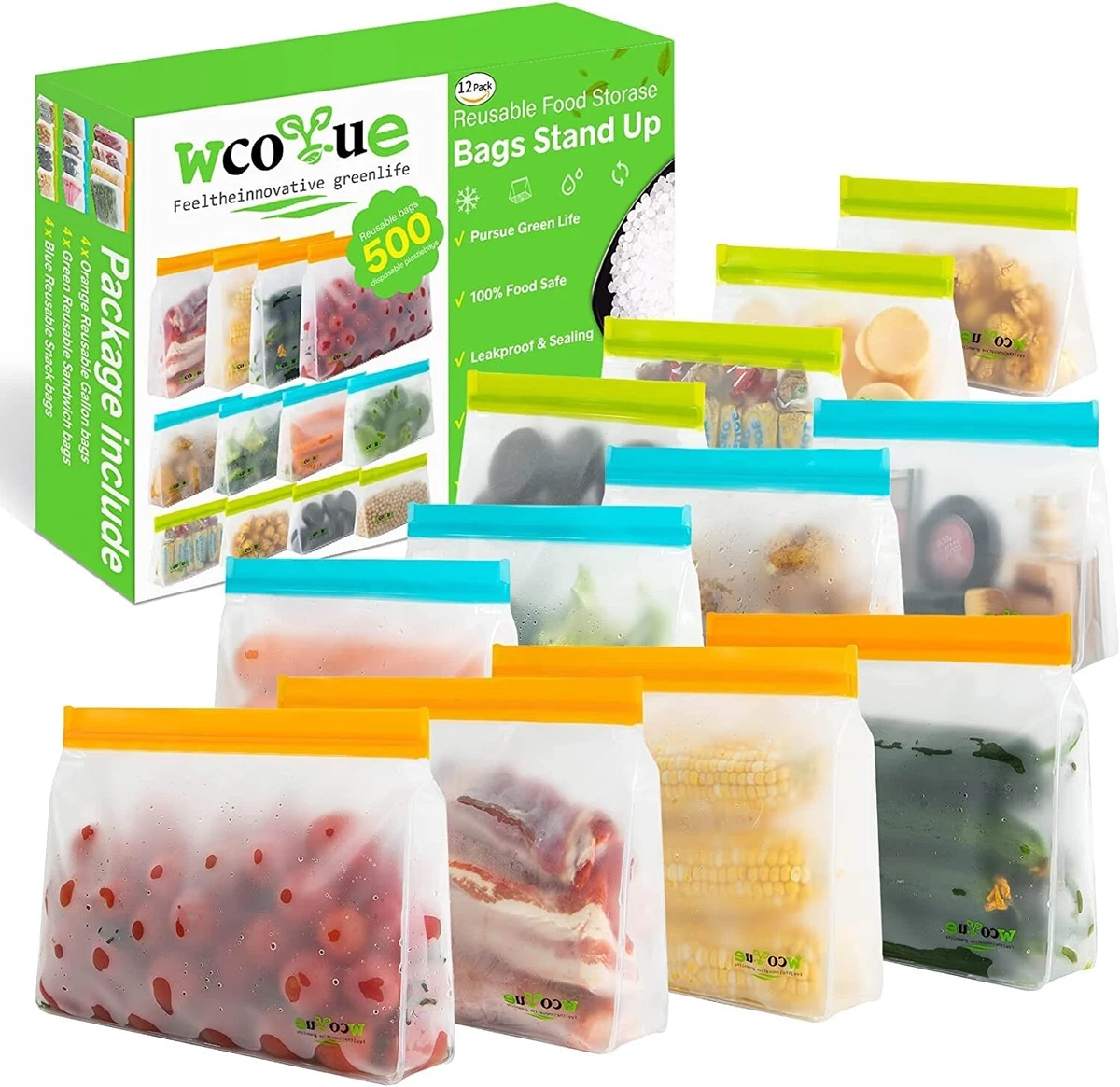 Reusable Food Storage Bags - 12 BPA Free Reusable Freezer Bags (2 Gallon & 5  Sandwich & 5 Snack Size Bags) Leak Proof Freezer Bags for Meat Fruit &  Vegetables 