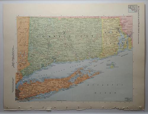 Vintage CONNECTICUT & RHODE ISLAND Atlas Map 1964 Encyclopedia Britannica Atlas