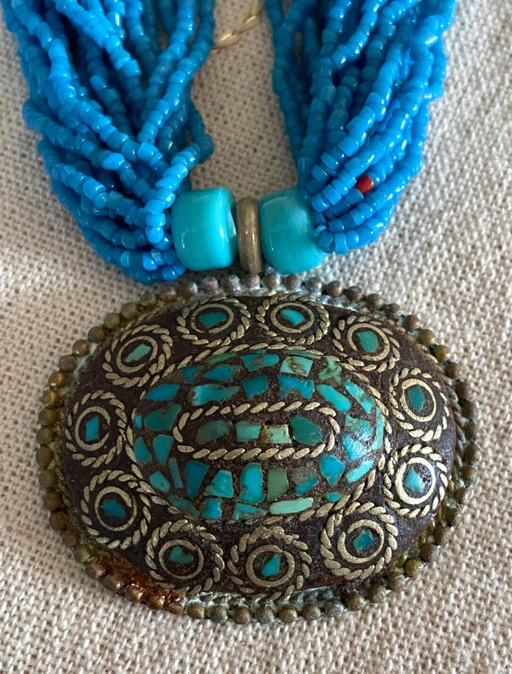 PERU 90er Jahre imposante Halskette Kette Amulett Perlen Handmade blau türkis - Bild 3 von 4