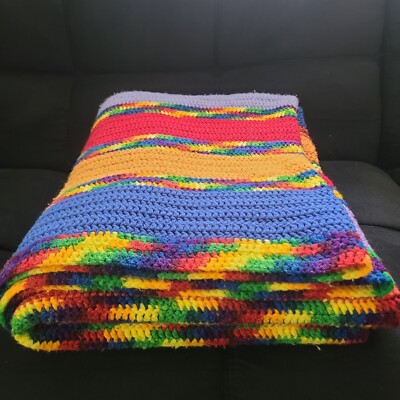 Crochet Knit Afghan Rainbow  Colors Couch Throw Blanket