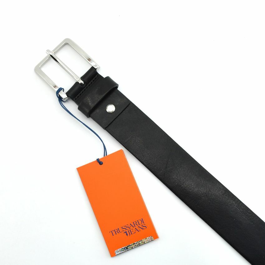 TRUSSARDI JEANS MAN BLACK LEATHER BELT 120 ADJUSTABLE MADE 