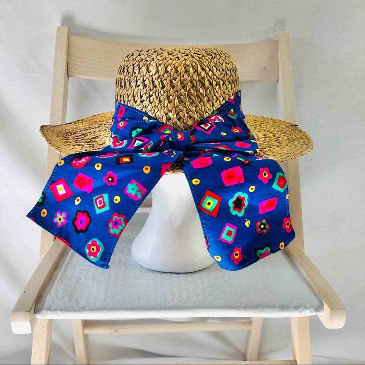 Vintage 80s Top Shaders by Billie Ross Straw Hat with Fabric 