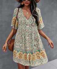 Gaovot White & Yellow Floral Button-Front Pocket Shift Dress Size M