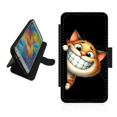 Katze Handy Hülle Wallet Flip Cover für iPhone Samsung Zeichnung CAT2 Peeking Smiling
