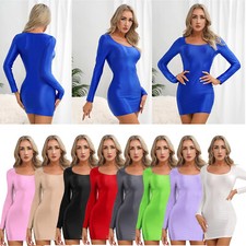 Womens Glossy Long Sleeve Dresses Bodycon Tight Pencil Mini Dress Party Clubwear