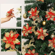 10 Pcs Artificial Xmas Tree Flowers Christmas Ornaments (Gold Red)