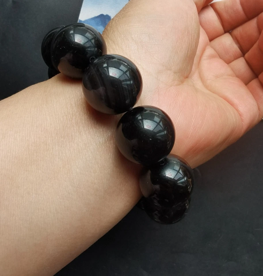 Pulseras de cuentas de cristal curativo grueso piedra obsidiana negra natural de 6 mm-20 mm Foto 2 de 4