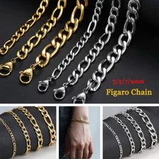 3/5/7/9mm Silver/Gold Plated Stainless Steel Figaro Link Chain Bracelet 7-10 in