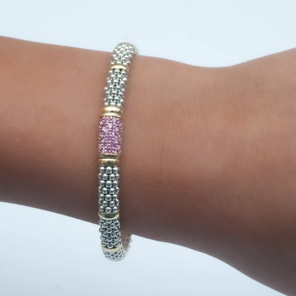 Nuevo Brazalete LAGOS Plata y Oro 18K Firma Caviar 6mm Zafiro Rosa Talla 7 Foto 3 de 4