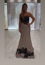 Montage by Mon Cheri Strapless Satin Dress Beige Black Floral Embroidered Gown