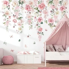  Large Pink Flowers Wall Stickers Hanging Vine Floral Leaves Peel and Stick 