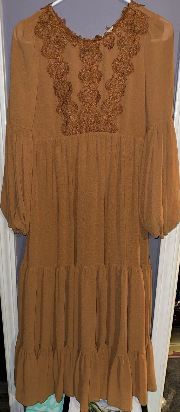 mia JOY Girls A-Line Brown Tiered Dress Lace Balloon Sleeve Size 12 Fall Casual
