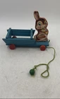 Vintage Fisher-Price Blue Red Wooden Wheels Bunny Cart Wagon Pull Toy