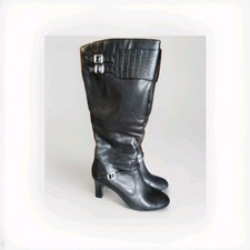 Chaps Women's Black Leather Knee High Side Zip Heeled Boots - Sz 10B