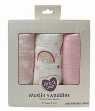 Parent  s Choice Muslin Swaddle Blankets 3 Pack Pink Rainbow Hearts 47x47