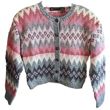 Vintage Liz Sport Womens Sz P Cardigan Sweater Hand Knit Chunky Korea Fair Isle