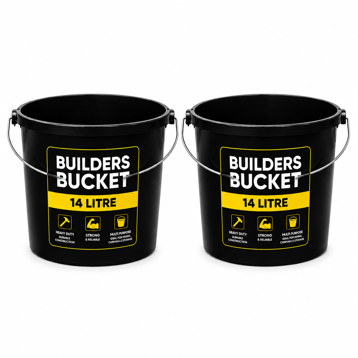 2 x Yuzet 14L Black Builders Bucket Heavy Duty Plastic Mixing Carry Bucket