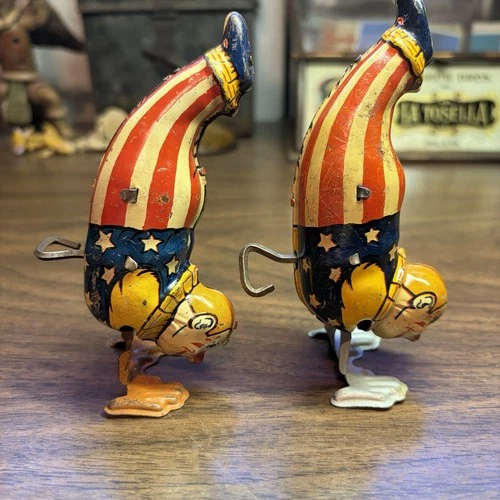 J Chein Vintage Uncle Sam Handstand Clown TIn Litho Windup Toy 1940’s 2ea