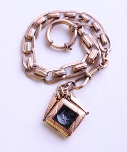 Authentic Antique Watch Chain Art Nouveau Onyx Gemma Pendant Gold Plated