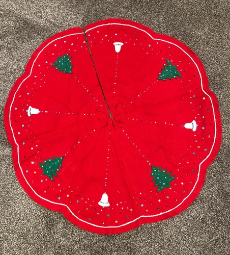 Vintage 1950's Christmas Tree Skirt Hand Stitched, Wool Felt, Sequins 37"