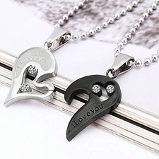 2pcs/set Love Heart Couple Pendant Necklace Inlaid Heart-to-heart Design US Fast