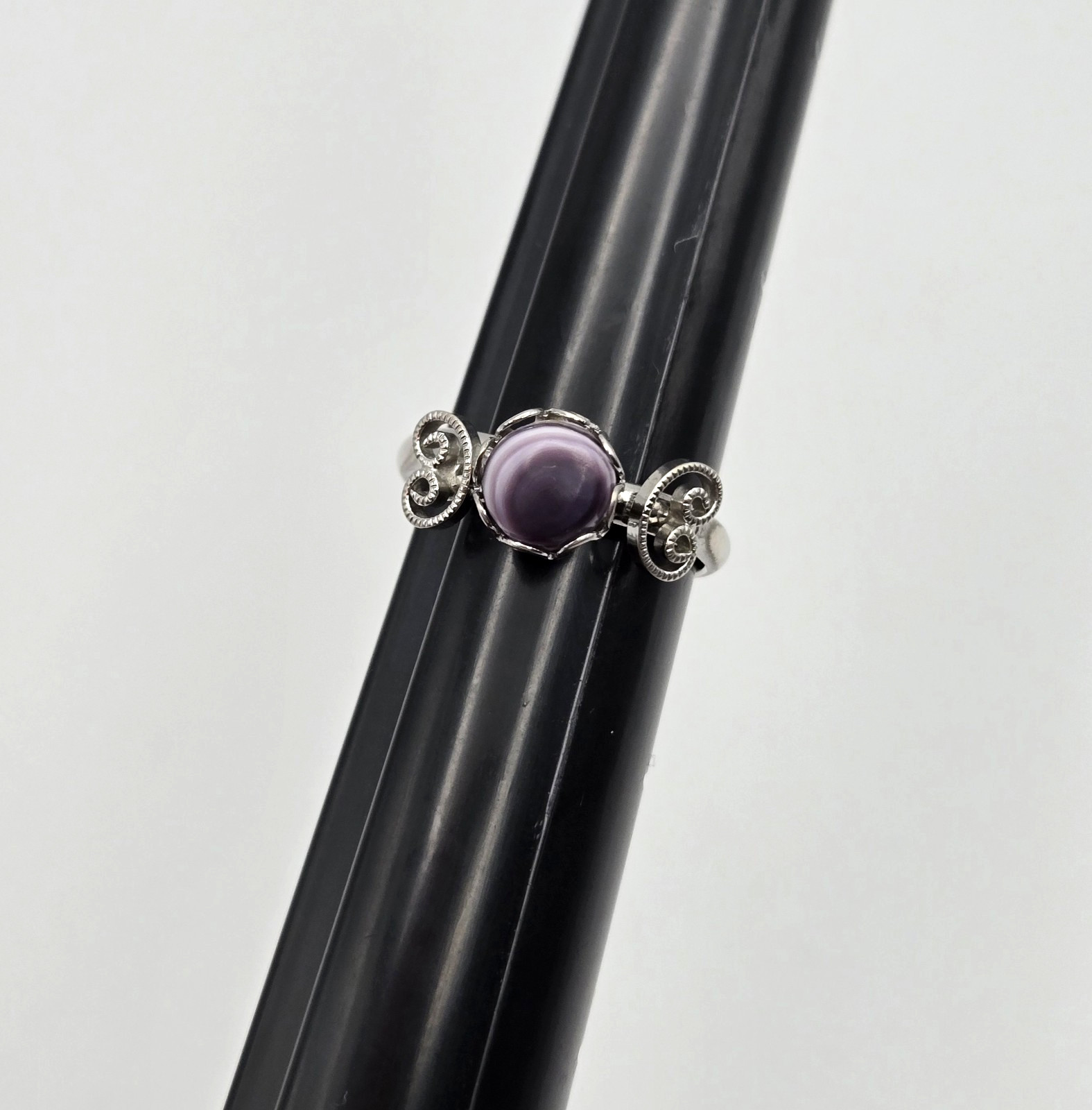 Amethyst Ring Silvertone Scrollwork Purple Stone … - image 10