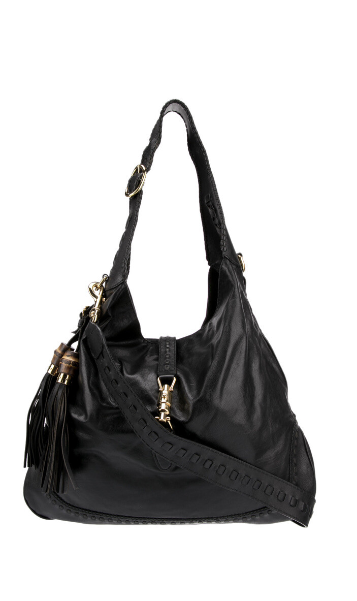 GUCCI Black Leather Grained New Jackie Hobo Tassel Crossbody Shoulder