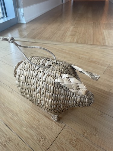 Vintage Hanging Raffia Wicker Pig Shaped Piggy Bank Boho Retro Decor - Picture 8 of 8
