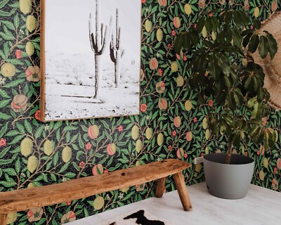 Fruit Bright Pattern with Green Leaves on a Black Background Wallpaper Murals